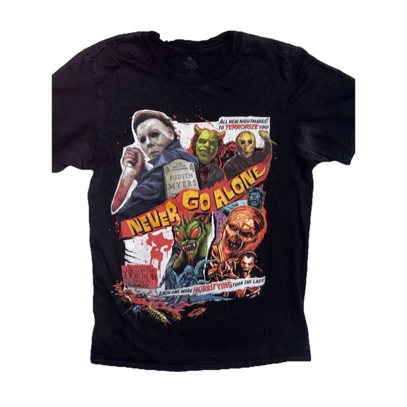 Universal Studios HALLOWEEN HORROR Nights Shirt Never Go Alone 2022 Small SCARY - Picture 1 of 7